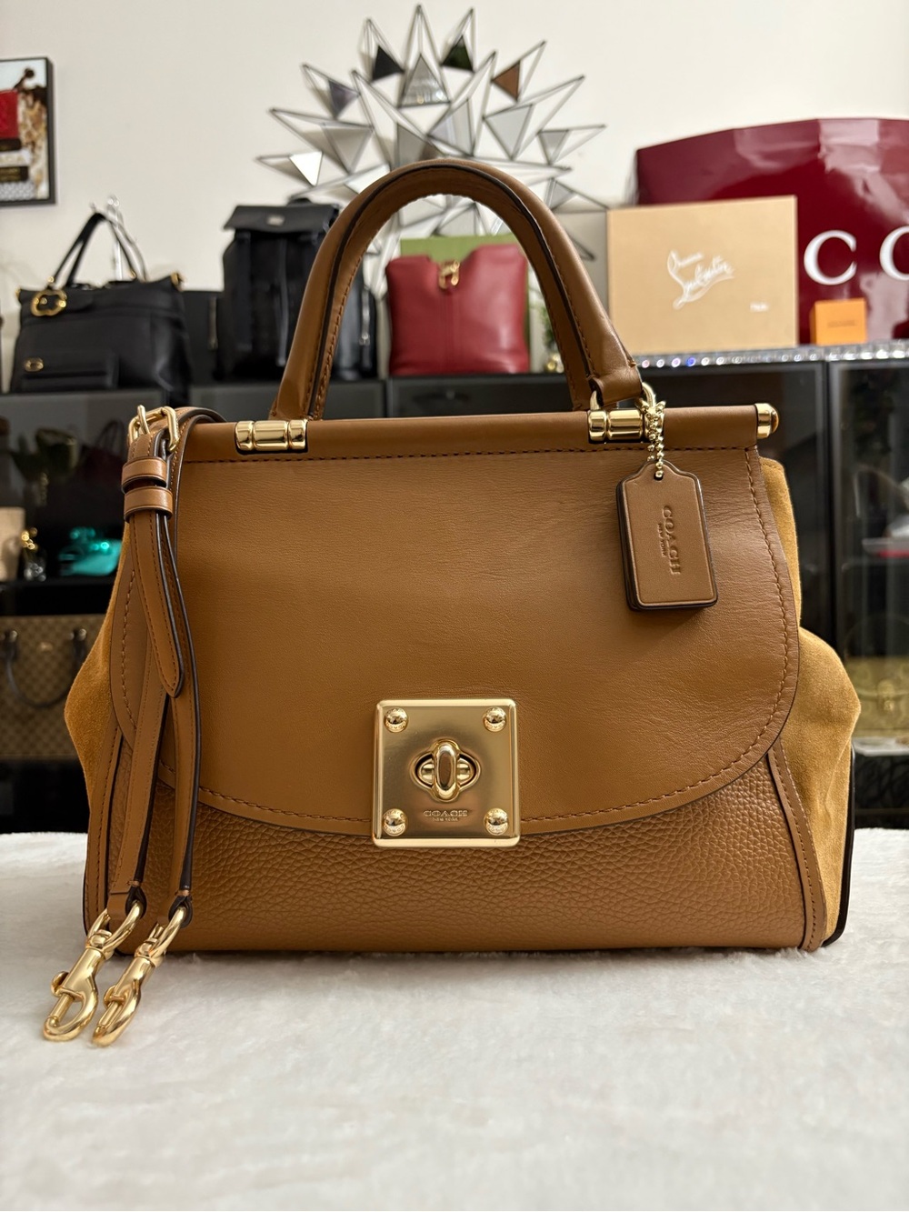 COACH DRIFTER LEATHER & SUEDE SATCHEL HANDBAG- Saddle & Camel- Turn Lock